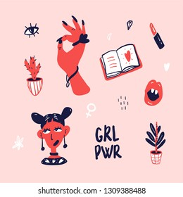 Set of funny cartoon feminine stickers. Hand drawn illustration.