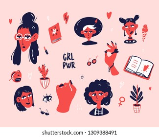 Set of funny cartoon feminine stickers. Hand drawn illustration.