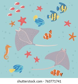 Set of funny cartoon fish. Vector illustration isolated on background.