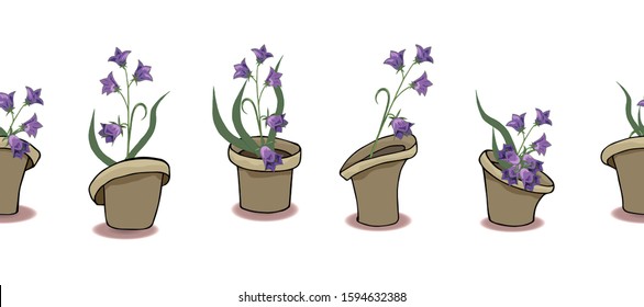 Set with funny cartoon flower pots on a white background. Seamless horizontal border with flowers bells. Pattern for fabric, ribbon.