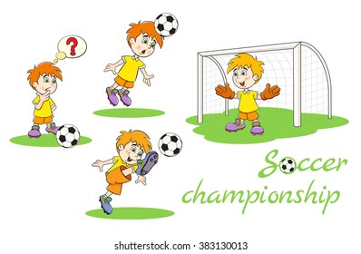 Set of funny cartoon football players. The first reflects a footballer kicking the ball, the second player hits the ball head, the third kicker foot kicks the ball, the goalkeeper is on the gate.