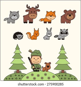 Set of funny cartoon forest animals and hunter isolated.