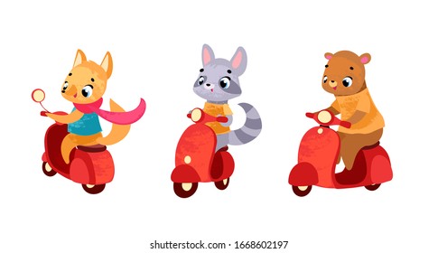 Set Funny cartoon fox, bear, raccoon on a vintage scooter. Vector illustration for t-shirt prints, greeting cards, posters, stickers or decor