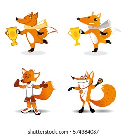 Set of funny cartoon fox involved in sports and receive awards