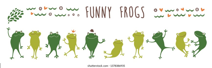 Set of funny cartoon frogs.