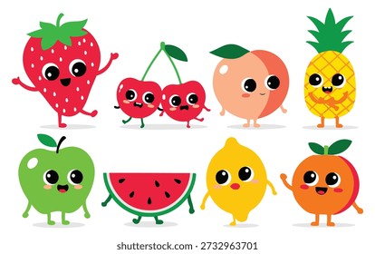 Conjunto de divertidos personajes de dibujos animados de frutas y verduras con caras sonrientes en estilo de Vector colorido