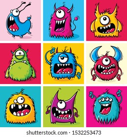 Set of funny cartoon furry monsters