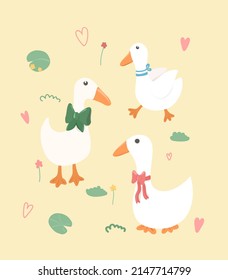 Set of funny cartoon geese. Drawn characters goose for children's cards, posters, books.

