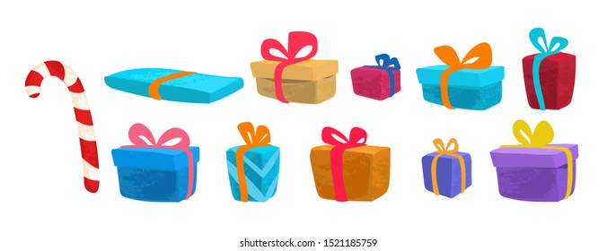 Set funny cartoon gifts box in children's style. Vector illustration in children's style, for children's books, posters, stickers 