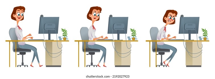 Set of funny cartoon girl, office worker or businesswoman working online on a computer at her desk with different poses and emotions. Vector illustration. Isolated on white.
