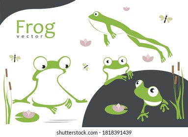 
Set of funny cartoon green frogs. Drawing of amphibians.Vector set of animal characters consisting of toads, water lilies, flies, reeds. Colorful graphic elements.