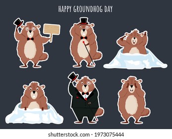 Set of funny cartoon groundhogs. Vector illustration of the Groundhog Day holiday.