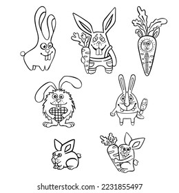 set of funny cartoon hares comic , line illustration