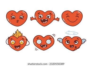 set of funny cartoon hearts for your design. Cute characters for valentines day cards. Retro style. Vector illustration