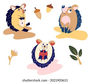 Set von lustigen Cartoon-Igel. Hedgehogs in verschiedenen Posen schmieden. Waldtiere für Kinderdesign. Cartoon-FlachVektorgrafik einzeln auf weißem Hintergrund.