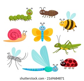 set of funny cartoon insects. funny butterfly, bee, ladybug and other garden animals. vector illustration isolated on white background