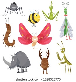 Set of funny cartoon insects isolated on white. Vector bee, butterfly, spider, wasp, mantis, dragonfly, rhinoceros beetle, characters. Collection happy comic bugs. Colorful hand drawn illustration