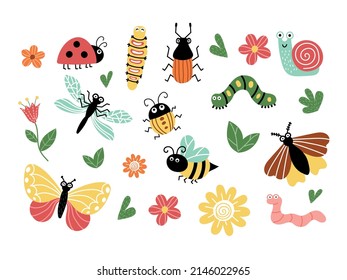 Set of funny cartoon insects isolated on white background.