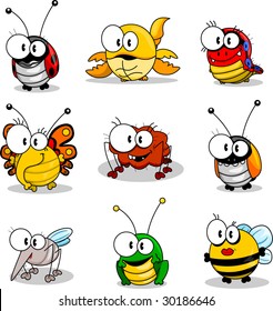 Set of funny cartoon insects isolated on white