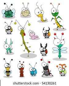 Set of funny cartoon insects isolated on white