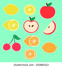 Set of funny cartoon isolated fruits and berries. Cherry, apple, orange, lemon