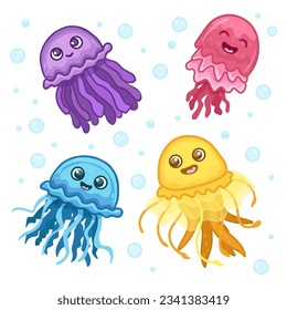 set of funny cartoon jellyfish isolated on white. Vector illustration