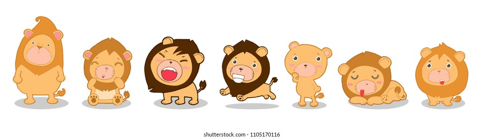 Set of funny cartoon lion on white background, Vector illustration of cute cartoon lion
