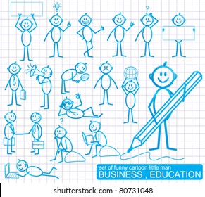 Set of funny cartoon little man with various emotion expressions.  BUSINESS and EDUCATION.