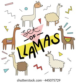 Set of funny cartoon llamas