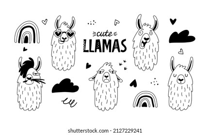 Set of Funny cartoon llamas or alpacas collection with lettering in hand drawn style. Perfect for t-shirt, apparel, cards, poster, nursery decoration. Isolated on white