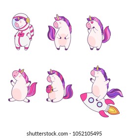 Set of funny cartoon magic unicorns. Patch, badge sticker. Collection of icons, pattern for clothes, t-shirts, print, web design, postcards. Vector doodle illustration with cartoon comic characters