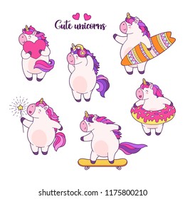 Set of funny cartoon magic unicorns. Patch, badge sticker. Collection of icons, pattern for clothes, t-shirts, print, web design, postcards. Vector doodle illustration with cartoon comic characters