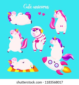 Set of funny cartoon magic unicorns. Patch, badge sticker. Collection of icons, pattern for clothes, t-shirts, print, web design, postcards. Vector doodle illustration with cartoon comic characters