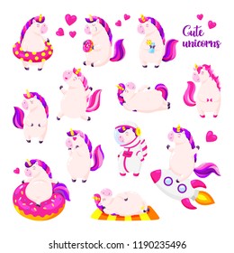 Set of funny cartoon magic unicorns. Patch, badge sticker. Collection of icons, pattern for clothes, t-shirts, print, web design, postcards. Vector doodle illustration with cartoon comic characters