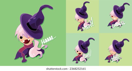 set of funny cartoon magician girl Character. Sticker pack halloween theme vector witch girl with scarf. Print design for sticker, mug, t shirt, or chat emot icon