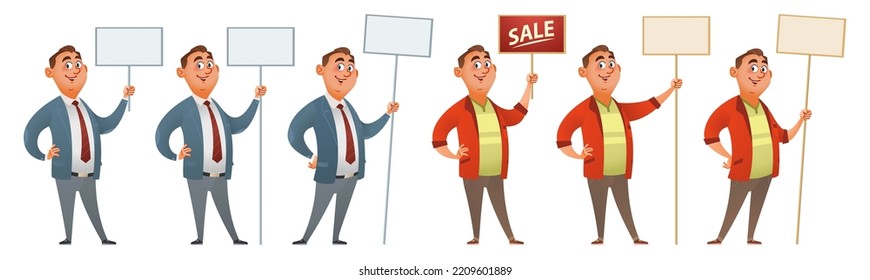 Set of funny cartoon man holding blank banner or placard for information, advertising or marketing. For example sale banner.  Vector illustration. Isolated on white.