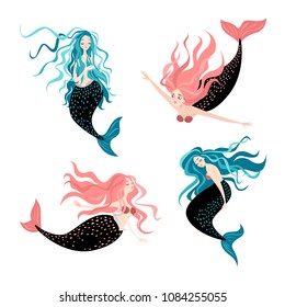 Set of funny cartoon mermaids. Fairy tale characters Cute isolated vector illustrations on white background