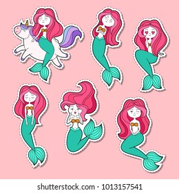 Set of funny cartoon mermaids. Patch, badge sticker. Collection of icons, pattern for clothes, t-shirts, print, web design, postcards. Vector doodle illustration with cartoon comic characters