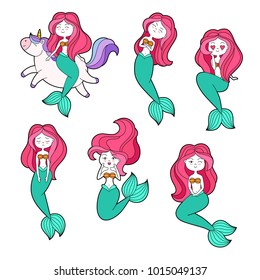 Set of funny cartoon mermaids. Patch, badge sticker. Collection of icons, pattern for clothes, t-shirts, print, web design, postcards. Vector doodle illustration with cartoon comic characters