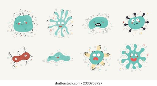 set of funny cartoon microbes, bacteria, viruses stickers