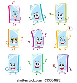 Set of funny cartoon mobile phone, smartphone characters with human faces showing various emotions, vector illustration isolated on white background. Set of cartoon mobile phone, smartphone characters