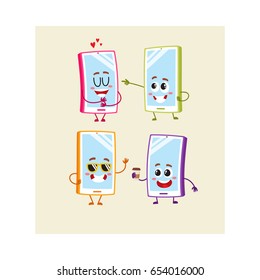 Set of funny cartoon mobile phone, smartphone characters with human faces showing various emotions, vector illustration isolated on beige background. 