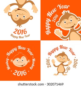 Set of funny cartoon monkey is flat. The symbol of the new year on a white background and an orange background. Symbol in 2016. Vector illustration.