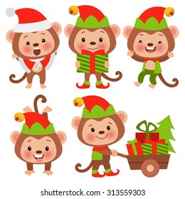 Set of funny cartoon monkey in the New Year costumes. Symbol of the year - the monkey is preparing for the new year. Year of the Monkey.