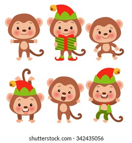 Set of funny cartoon monkey in the New Year costumes. Symbol of the year - the monkey is preparing for the new year. Year of the Monkey.