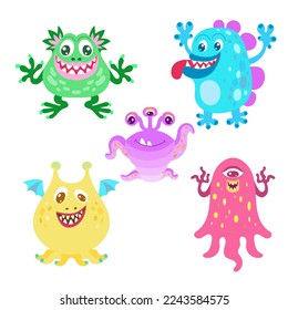 Set of funny cartoon monsters. Children's theme. For the design of prints, posters, stickers, cards and so on. Vector illustration.