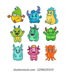 set of funny cartoon monsters. Cute Monsters. Kids  character design for poster, baby products and packaging design. Happy Halloween. Vector illustration