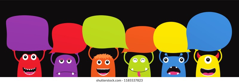 Set of funny cartoon monsters with dialogue speech bubbles. Characters Halloween on black background.