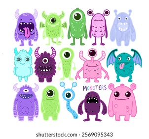 Set of funny cartoon monsters. Halloween party invitations and flyers, kids birthday party decorations, digital games, school project, packaging design, stickers. Colorful collection monsters. 