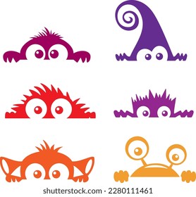 Set of funny cartoon monsters hanging on the wall. vector illustration isolated on white background